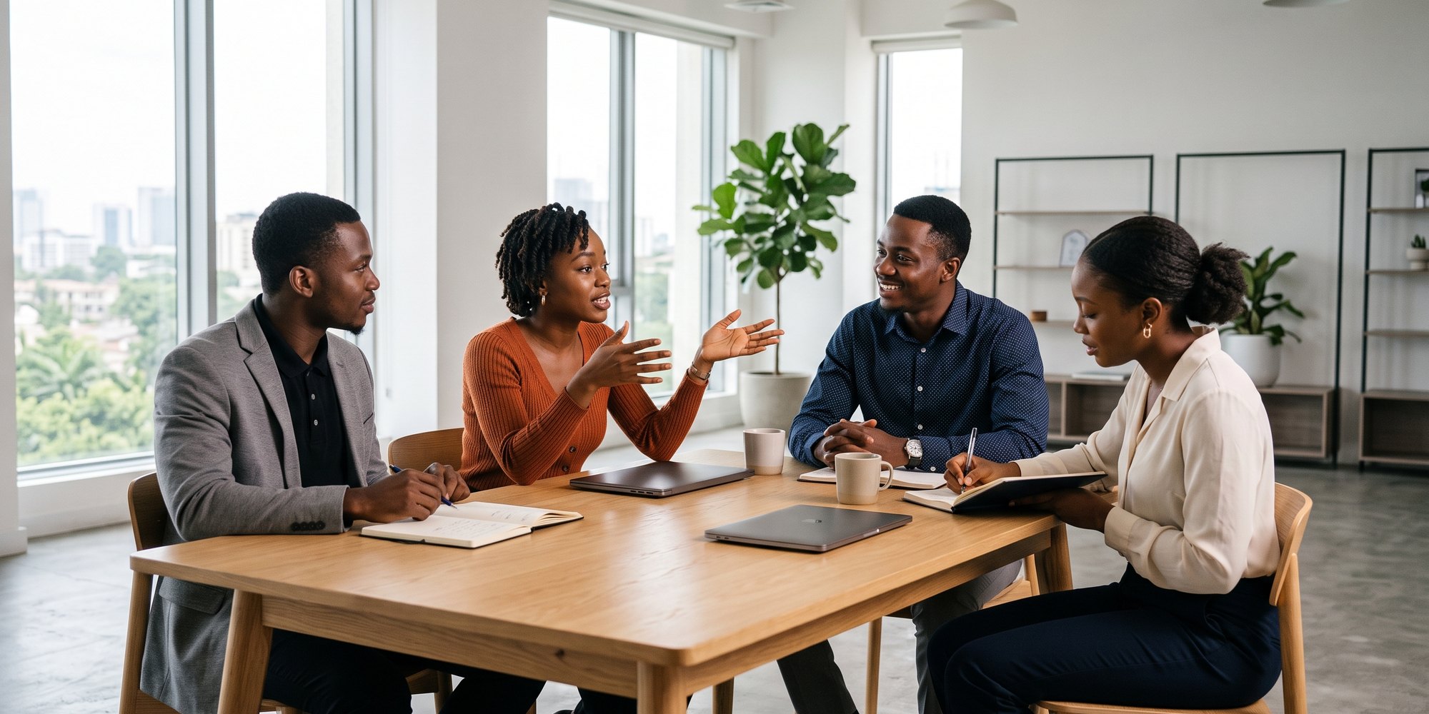 Four LIFEPAGE graduate trainees in conversation around a table in the Lagos office