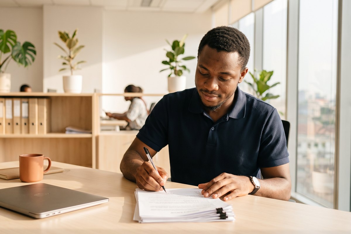 A LIFEPAGE trainee completing signed client documentation at his desk