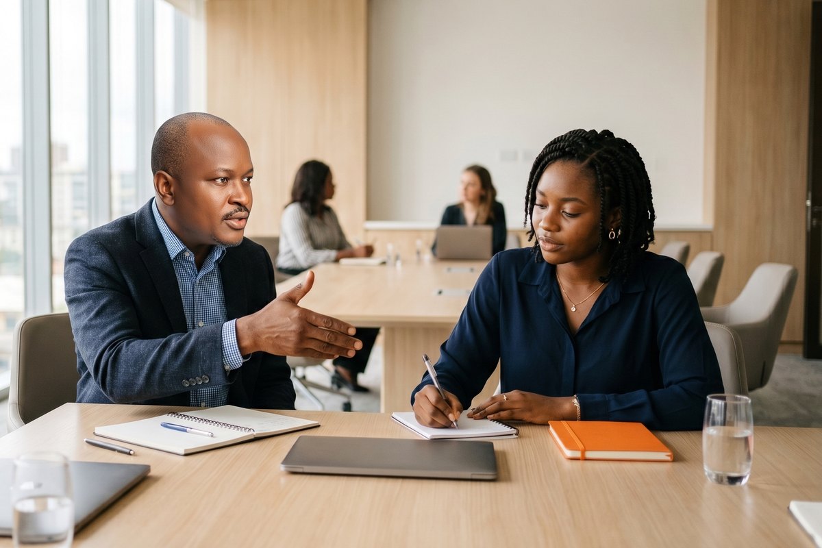 A LIFEPAGE trainee taking notes beside a senior executive in a boardroom