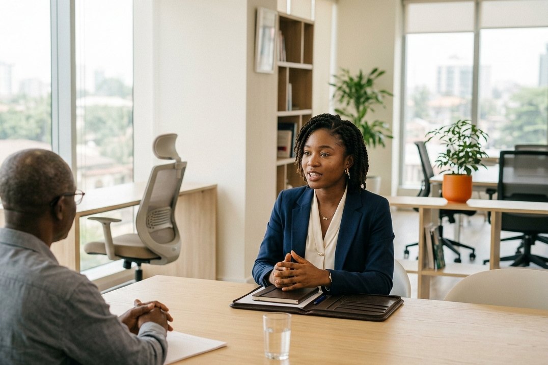 A LIFEPAGE trainee presenting to a client across a meeting room table